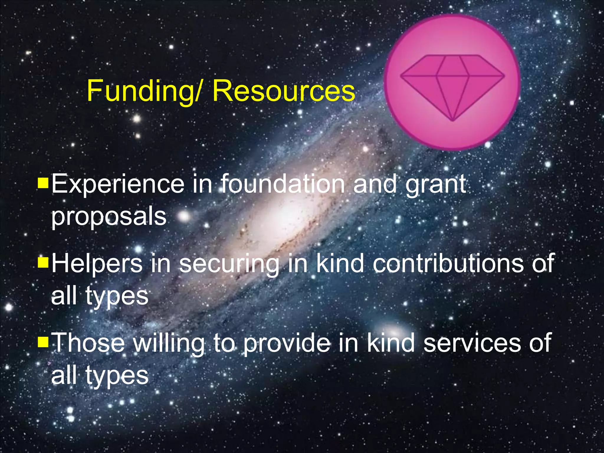 Funding/ Resources
Experience in foundation and grant
proposals
Helpers in securing in kind contributions of
all types
Those willing to provide in kind services of
all types
 