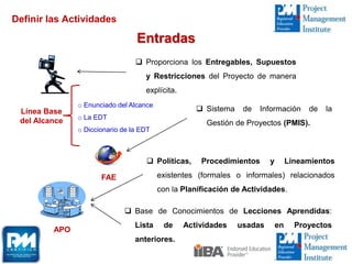 Definir las Actividades
Entradas
FAE
APO
Línea Base
del Alcance
 Proporciona los Entregables, Supuestos
y Restricciones del Proyecto de manera
explícita.
o Enunciado del Alcance
o La EDT
o Diccionario de la EDT
 Sistema de Información de la
Gestión de Proyectos (PMIS).
 Políticas, Procedimientos y Lineamientos
existentes (formales o informales) relacionados
con la Planificación de Actividades.
 Base de Conocimientos de Lecciones Aprendidas:
Lista de Actividades usadas en Proyectos
anteriores.
 
