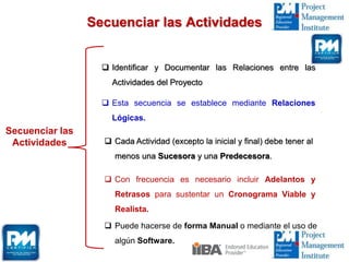 Secuenciar las Actividades
Secuenciar las
Actividades
 Esta secuencia se establece mediante Relaciones
Lógicas.
 Cada Actividad (excepto la inicial y final) debe tener al
menos una Sucesora y una Predecesora.
 Con frecuencia es necesario incluir Adelantos y
Retrasos para sustentar un Cronograma Viable y
Realista.
 Puede hacerse de forma Manual o mediante el uso de
algún Software.
 Identificar y Documentar las Relaciones entre las
Actividades del Proyecto
 