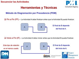 Herramientas y Técnicas
Secuenciar las Actividades
Método de Diagramación por Precedencia (PDM)
 Fin a Fin (FF) – La Actividad A debe finalizar antes que la Actividad B pueda finalizar.
A B
El final de B depende
del final de A.
 Inicio a Fin (IF) – La Actividad A debe iniciar antes que la Actividad B pueda finalizar.
A B
El final de B depende
del inicio de A.
Este tipo de relación
es el menos usado.
 
