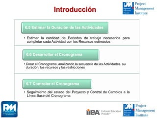 • Estimar la cantidad de Periodos de trabajo necesarios para
completar cada Actividad con los Recursos estimados
6.5 Estimar la Duración de las Actividades
• Crear el Cronograma, analizando la secuencia de las Actividades, su
duración, los recursos y las restricciones
6.6 Desarrollar el Cronograma
• Seguimiento del estado del Proyecto y Control de Cambios a la
Línea Base del Cronograma
6.7 Controlar el Cronograma
Introducción
 