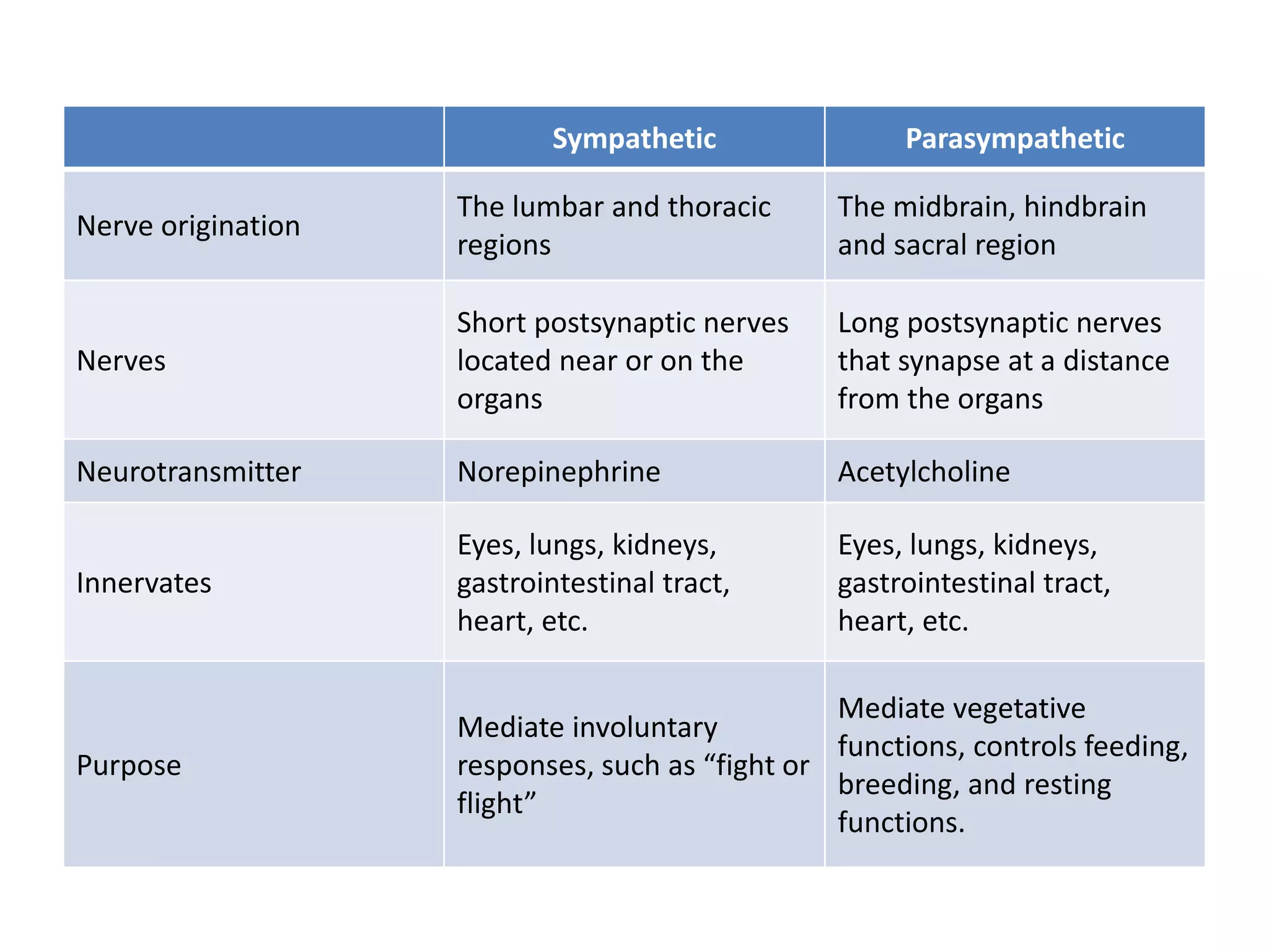 Sympathetic Parasympathetic
Nerve origination
The lumbar and thoracic
regions
The midbrain, hindbrain
and sacral region
Nerves
Short postsynaptic nerves
located near or on the
organs
Long postsynaptic nerves
that synapse at a distance
from the organs
Neurotransmitter Norepinephrine Acetylcholine
Innervates
Eyes, lungs, kidneys,
gastrointestinal tract,
heart, etc.
Eyes, lungs, kidneys,
gastrointestinal tract,
heart, etc.
Purpose
Mediate involuntary
responses, such as “fight or
flight”
Mediate vegetative
functions, controls feeding,
breeding, and resting
functions.
 