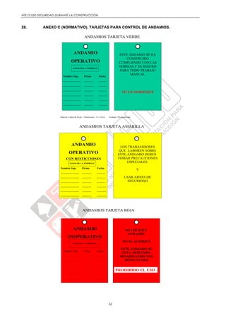 NTE G.050 SEGURIDAD DURANTE LA CONSTRUCCIÓN
52
28. ANEXO C (NORMATIVO). TARJETAS PARA CONTROL DE ANDAMIOS.
ANDAMIO
OPERATIVO
Nombre Sup. Firma Fecha
……………….. ………. ………
……………….. ………. ………
……………….. ………. ………
……………….. ………. ……….
……………….. ………. ……….
……………….. ………. ……….
Material: Cartón de 90 grs. Dimensiones: 15 x 10 cm. Acabado: NO plastificada
ANDAMIOS TARJETA VERDE
ESTE ANDAMIO SE HA
CONSTRUIDO
CUMPLIENDO CON LAS
NORMAS Y ES SEGURO
PARA TODO TRABAJO
MANUAL
NO LO MODIFIQUE
“LOGO DE LA EMPRESA”
LOS TRABAJADORES
QUE LABOREN SOBRE
ESTE ANDAMIO DEBEN
TOMAR PRECAUCIONES
ESPECIALES
Y
USAR ARNES DE
SEGURIDAD
ANDAMIOS TARJETA AMARILLA
ANDAMIO
OPERATIVO
CON RESTICCIONES
Nombre Sup. Firma Fecha
……………….. ………. ………
……………….. ………. ………
……………….. ………. ………
……………….. ………. ……….
……………….. ………. ……….
……………….. ………. ……….
“LOGO DE LA EMPRESA”
NO USE ESTE
ANDAMIO
NO SE ACERQUE
ESTE ANDAMIO SE
ESTA ARMANDO,
DESARMANDO O ES
DEFECTUOSO
PROHIBIDO EL USO
ANDAMIOS TARJETA ROJA
ANDAMIO
INOPERATIVO
Nombre Sup Firma Fecha
……………… ……… ……….
……………… ……… .……...
……………… ……… ………
……………… ……… ………
……………… ………. ………
……………… ……… ….......
“LOGO DE LA EMPRESA”
 