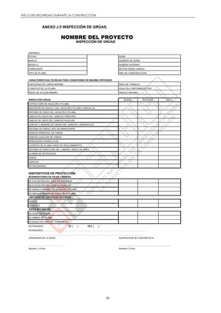 NTE G.050 SEGURIDAD DURANTE LA CONSTRUCCIÓN
80
ANEXO J.5 INSPECCIÓN DE GRÚAS.
NOMBRE DEL PROYECTO
INSPECCIÓN DE GRÚAS
EMPRESA:
FECHA: HORA:
CARACTERISTICAS TECNICAS PARA CONDICIONES DE MAXIMA CRITICIDAD
INSPECCIÓN VISUAL BUENO REGULAR MALO
ESTRUCTURA DE AGUILÓN O PLUMA
INDICADOR DE ANGULO DEL AGUILÓN O PLUMA ( PANTALLA)
SISTEMA DE IZADO DEL AGUILÓN O PLUMA :
CABLES DE IZADO DEL GANCHO PRINCIPAL
CABLES DE IZADO DEL GANCHO AUXILIAR
ZUNCHO Y BANDAS DE FRENO DEL GANCHO ( HIDRAULICO)
SISTEMA DE ENROLLADO DE MANGUERAS
GANCHO PRINCIPAL DE CARGA
GANCHO AUXILIAR DE CARGA
MANGUERAS HIDRÁULICAS
CUERPOS DE PLUMA (PADS DE DESLIZAMIENTO)
SISTEMA DE DIRECCIÓN DEL CAMIÓN ( RADIO DE GIRO)
ALARMA DE RETROCESO
FAROS
ESPEJOS
RETROVISORES
DISPOSITIVOS DE PROTECCIÓN
INTERRUPTORES DE FIN DE CARRERA
DE ELEVACIÓN DEL GANCHO PRINCIPAL
DE ELEVACIÓN DEL GANCHO AUXILIAR
DE ANGULO MAXIMO DE AGUILÓN O PLUMA
DE ANGULO MINIMO DE AGUILÓN O PLUMA
LIMITADOR DE CAPACIDAD DE CARGA
ÓPTICO
ACÚSTICO
TOPES MECÁNICOS
DE IZAJE DE PLUMA
DE ARREO DE PLUMA
BLOQUEO DE GIRO DE TORNAMESA
AUTORIZADO SI ( ) NO ( )
NOVEDADES:………….……………………………………………………………………………………………………………..
………….……………………………………………………………………………………………………………………………..
OPERADOR DE LA GRÚA SUPERVISOR DE CONTRATISTA
………...……………………………….. ………...…………………………………..
Nombre y Firma Nombre y Firma
MARCA:
MODELO:
FABRICANTE:
TIPO DE PLUMA:
MOTOR DIESEL MARCA:
AÑO DE CONSTRUCCIÓN:
NUMERO DE SERIE:
NUMERO INTERNO:
RADIO DE ACCIÓN MÍNIMO:
ÁREA DE TRABAJO:
AGUILON CONFORMADO POR:
ANGULO MAXIMO:
CAPACIDAD DE CARGA MAXIMA:
LONGITUD DE LA PLUMA:
 