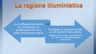 è un efficace strumento 
di conoscenza, di 
svelamento del vero 
sulla condizione umana 
è incapace di migliorare la vita 
con gli strumenti della politica 
(il fallimento dei moti rivoluzionari del 
‘20 e del ’31 confermano questa 
valutazione) 
 