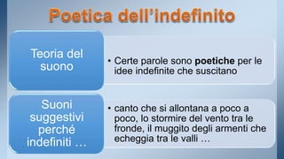 • Certe parole sono poetiche per le 
idee indefinite che suscitano 
Teoria del 
suono 
• canto che si allontana a poco a 
poco, lo stormire del vento tra le 
fronde, il muggito degli armenti che 
echeggia tra le valli … 
Suoni 
suggestivi 
perché 
indefiniti … 
 