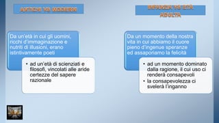 Da un’età in cui gli uomini, 
ricchi d’immaginazione e 
nutriti di illusioni, erano 
istintivamente poeti 
• ad un’età di scienziati e 
filosofi, vincolati alle aride 
certezze del sapere 
razionale 
Da un momento della nostra 
vita in cui abbiamo il cuore 
pieno d’ingenue speranze 
ed assaporiamo la felicità 
• ad un momento dominato 
dalla ragione, il cui uso ci 
renderà consapevoli 
• la consapevolezza ci 
svelerà l’inganno 
 