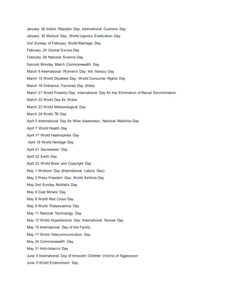 January 26 India's Republic Day, International Customs Day
January 30 Martyrs' Day; World Leprosy Eradication Day
2nd Sunday of February World Marriage Day
February 24 Central Excise Day
February 28 National Science Day
Second Monday March Commonwealth Day
March 8 International Women's Day; Intl. literacy Day
March 15 World Disabled Day; World Consumer Rights Day
March 18 Ordnance Factories Day (India)
March 21 World Forestry Day; International Day for the Elimination of Racial Discrimination
March 22 World Day for Water
March 23 World Meteorological Day
March 24 World TB Day
April 5 International Day for Mine Awareness; National Maritime Day
April 7 World Health Day
April 17 World Haemophilia Day
April 18 World Heritage Day
April 21 Secretaries' Day
April 22 Earth Day
April 23 World Book and Copyright Day
May 1 Workers' Day (International Labour Day)
May 3 Press Freedom Day; World Asthma Day
May 2nd Sunday Mother's Day
May 4 Coal Miners' Day
May 8 World Red Cross Day
May 9 World Thalassaemia Day
May 11 National Technology Day
May 12 World Hypertension Day; International Nurses Day
May 15 International Day of the Family
May 17 World Telecommunication Day
May 24 Commonwealth Day
May 31 Anti-tobacco Day
June 4 International Day of Innocent Children Victims of Aggression
June 5 World Environment Day
 
