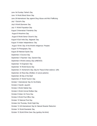 June 3rd Sunday Father's Day
June 14 World Blood Donor Day
June 26 International Day against Drug Abuse and Illicit Trafficking
July 1 Doctor's Day
July 6 World Zoonoses Day
July 11 World Population Day
August 3 Internatioal Friendship Day
August 6 Hiroshima Day
August 8 World Senior Citizen's Day
August 9 Quit India Day, Nagasaki Day
August 15 Indian Independence Day
August 18 IntI. Day of the World's Indigenous Peoples
August 19 Photography Day
August 29 National Sports Day
September 2 Coconut Day
September 5 Teachers' Day; Sanskrit Day
September 8 World Literacy Day (UNESCO)
September 15 Engineers' Day
September 16 World Ozone Day
September 21 Alzheimer's Day; Day for Peace & Non-violence (UN)
September 22 Rose Day (Welfare of cancer patients)
September 26 Day of the Deaf
September 27 World Tourism Day
October 1 International Day for the Elderly
October 2 Gandhi Jayanthi
October 3 World Habitat Day
October 4 World Animal Welfare Day
October 8 Indian Air Force Day
October 9 World Post Office Day
October 10 National Post Day
October 2nd Thursday World Sight Day
October 13 UN International Day for Natural Disaster Reduction
October 14 World Standards Day
October 15 World White Cane Day (guiding the blind)
 