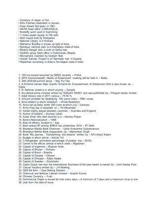 • Currency of Japan is Yen.
• Bihu Festival celebrated in Assam.
• Arjun Award first given in 1961.
• NATO head office in BRUSSELS.
• Butterfly word used in Swimming.
• 1 horse power equals to 746 watt.
• Moti masjid built by Shahjahan.
• National Library is in Kolkata.
• Mahatma Buddha is known as light of Asia.
• Bandipur national park is in Karnataka state of India.
• Bhakra Nangal dam is built on Satluj river.
• SAARC group head office in Kathmandu (Nepal).
• Microphone invented by Graham Bell.
• Sardar Sarovar Project is on Narmada river in Gujarat.
• Rajasthan according to Area is the largest state in India.
1. 150 km missile launched by DRDO recently – Prithvi
2. 2015 Commonwealth Heads of Government meeting will be held in – Malta
3. 24th ASEAN summit venue – Nay Pyi Taw
4. A Scheme named Rajiv Gandhi Scheme for Empowerment of Adolescent Girls is also known as –
Sabla
5. R. Rahman street is in which country – Canada
6. Accidental prime minister written by “SANJAY BARU” and was published by – Penguin books limited
7. Adult literacy rate in 2011 census – 74.04 %
8. Amount provided for developing 100 samrt cities – 7060 crores
9. Amul related to which revolution – White Revolution
10. Amul set up Dairy worth 200 crore at which city – Varanasi
11. Army Flag day is observed on – 7th December
12. Ashes trophy played between countries – Australia and England
13. Author of lowland – Jhumpa Lahari
14. Azlan Shah who died recently is a – Hockey Player
15. Banks Nationalization – 1969
16. Beiji oil refinery located in – Iraq
17. Best ranked IIT among BRICS top universities 2014 – IIT Delhi
18. Bharatiya Mahila Bank Chairman – Usha Ananantha Subramanium
19. Bharatiya Mahila Bank inaugurated by – Manmohan Singh
20. Book “My Journey : Transforming into dreams” written by – APJ Abdul Kalam
21. Budget in which article – Article 112
22. C.Rangarajan estimation percentage of poverty line – 29.5%
23. Camel is the official animal of which state – Rajasthan
24. Capital of Argentina – Buenos Aires
25. Capital of Bhutan – Thimphu
26. Capital of Brazil – Brasilia
27. Capital of Canada – Ottawa
28. Capital of Ethiopia – Addis Ababa
29. Capital of Sweden – Stockholm
30. Capro Group has won the International Business of the year award is owned by – Lord Swaraj Paul
31. Casual Vacancy written by – J K Rowling
32. CBS full form – Core Baking Solution
33. Chemical and fertilizer cabinet minister – Ananth Kumar
34. Chinese Currency – Yuan
35. Commercial Paper is issued for how many days – A minimum of 7 days and a maximum of up to one
36. year from the date of issue
 