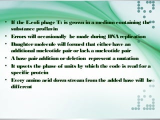 • If the E.coli phage T4 is grown in a medium containing the
substance proflavin
• Errors will occasionally be made during DNA replication
• Daughtermolecule will formed that eitherhave an
additional nucleotide pairorlacka nucleotide pair
• A base pairaddition ordeletion represent a mutation
• It upsets the phase of units by which the code is read fora
specific protein
• Every amino acid down streamfromthe added base will be
different
 