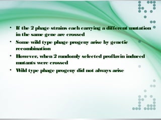 • If the 2 phage strains each carrying a different mutation
in the same gene are crossed
• Some wild type phage progeny arise by genetic
recombination
• However, when 2 randomly selected proflavin induced
mutants were crossed
• Wild type phage progeny did not always arise
 