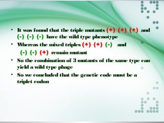 • It was found that the triple mutants (+) (+) (+) and
(-) (-) (-) have the wild type phenotype
• Whereas the mixed triples (+) (+) (-) and
(-) (-) (+) remain mutant
• So the combination of 3 mutants of the same type can
yield a wild type phage
• So we concluded that the genetic code must be a
triplet codon
 
