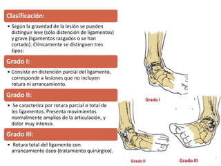 Clasificación:
• Según la gravedad de la lesión se pueden
distinguir leve (sólo distención de ligamentos)
y grave (ligamentos rasgados o se han
cortado). Clínicamente se distinguen tres
tipos:
Grado I:
• Consiste en distención parcial del ligamento,
corresponde a lesiones que no incluyen
rotura ni arrancamiento.
Grado II:
• Se caracteriza por rotura parcial o total de
los ligamentos. Presenta movimientos
normalmente amplios de la articulación, y
dolor muy intenso.
Grado III:
• Rotura total del ligamento con
arrancamiento óseo (tratamiento quirúrgico).
 