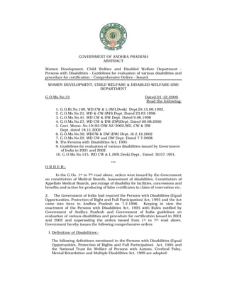 GOVERNMENT OF ANDHRA PRADESH
ABSTRACT
Women Development, Child Welfare and Disabled Welfare Department -
Persons with Disabilities - Guidelines for evaluation of various disabilities and
procedure for certification – Comprehensive Orders – Issued.
WOMEN DEVELOPMENT, CHILD WELFARE & DISABLED WELFARE (DW)
DEPARTMENT
G.O.Ms.No.31 Dated.01-12-2009.
Read the following:
1. G.O.Rt.No.109, WD CW & L (WH.Desk) Dept.Dt:15.06.1992.
2. G.O.Ms.No.21, WD & CW (WH) Dept. Dated 23.03.1998.
3. G.O.Ms.No.41, WD CW & DW Dept. Dated 9.06.1998
4. G.O.Ms.No.27, WD CW & DW (DW)Dept. Dated 09.08.2000
5. Govt. Memo .No.10195/DW.A2/2002,WD, CW & DW
Dept. dated 18.11.2002
6. G.O.Ms.No.56, WDCW & DW (DW) Dept. dt.2.12.2002
7. G.O.Ms.No.22, WD CW and DW Dept. Dated 7.7.2008.
8. The Persons with Disabilities Act, 1995
9. Guidelines for evaluation of various disabilities issued by Government
of India in 2001 and 2002.
10. G.O.Ms.No.115, WD CW & L (WH.Desk) Dept., Dated: 30.07.1991.
***
O R D E R:-
In the G.Os. 1st to 7th read above, orders were issued by the Government
on constitution of Medical Boards, Assessment of disabilities, Constitution of
Appellate Medical Boards, percentage of disability for facilities, concessions and
benefits and action for producing of false certificates in claim of reservation etc.
2. The Government of India had enacted the Persons with Disabilities (Equal
Opportunities, Protection of Right and Full Participation) Act, 1995 and the Act
came into force in Andhra Pradesh on 7.2.1996. Keeping in view the
enactment of the Persons with Disabilities Act, 1995 with Rules notified by
Government of Andhra Pradesh and Government of India guidelines on
evaluation of various disabilities and procedure for certification issued in 2001
and 2002 and superseding the orders issued from 1st to 7th read above,
Government hereby issues the following comprehensive orders:
I. Definition of Disabilities:-
The following definitions mentioned in the Persons with Disabilities (Equal
Opportunities, Protection of Rights and Full Participation) Act, 1995 and
the National Trust for Welfare of Persons with Autism, Cerebral Palsy,
Mental Retardation and Multiple Disabilities Act, 1999 are adopted:
 