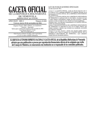 Esta Gaceta contiene 32 págs, costo equivalente
a 13,25 % valor Unidad Tributaria
AÑO CXLIV - MES I		 Número 41.028
Caracas, jueves 10 de noviembre de 2016
 