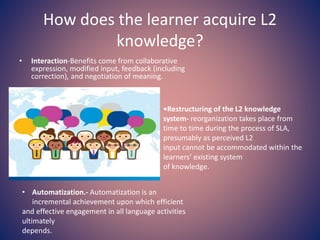 How does the learner acquire L2
knowledge?
• Interaction-Benefits come from collaborative
expression, modified input, feedback (including
correction), and negotiation of meaning.
•Restructuring of the L2 knowledge
system- reorganization takes place from
time to time during the process of SLA,
presumably as perceived L2
input cannot be accommodated within the
learners’ existing system
of knowledge.
• Automatization.- Automatization is an
incremental achievement upon which efficient
and effective engagement in all language activities
ultimately
depends.
 