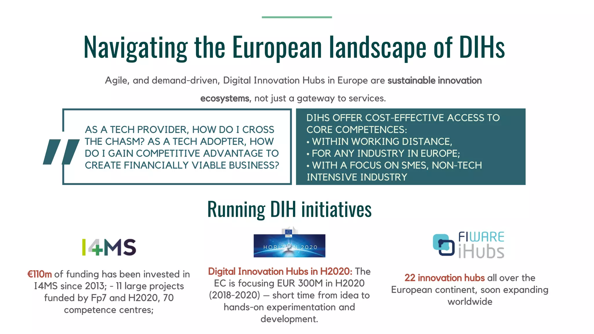 Navigating the European landscape of DIHs
Agile, and demand-driven, Digital Innovation Hubs in Europe are sustainable innovation
ecosystems, not just a gateway to services.
AS A TECH PROVIDER, HOW DO I CROSS
THE CHASM? AS A TECH ADOPTER, HOW
DO I GAIN COMPETITIVE ADVANTAGE TO
CREATE FINANCIALLY VIABLE BUSINESS?
"
DIHS OFFER COST-EFFECTIVE ACCESS TO
CORE COMPETENCES:
• WITHIN WORKING DISTANCE,
• FOR ANY INDUSTRY IN EUROPE;
• WITH A FOCUS ON SMES, NON-TECH
INTENSIVE INDUSTRY
Running DIH initiatives
€110m of funding has been invested in
I4MS since 2013; - 11 large projects
funded by Fp7 and H2020, 70
competence centres;
22 innovation hubs all over the
European continent, soon expanding
worldwide
Digital Innovation Hubs in H2020: The
EC is focusing EUR 300M in H2020
(2018-2020) – short time from idea to
hands-on experimentation and
development.
 