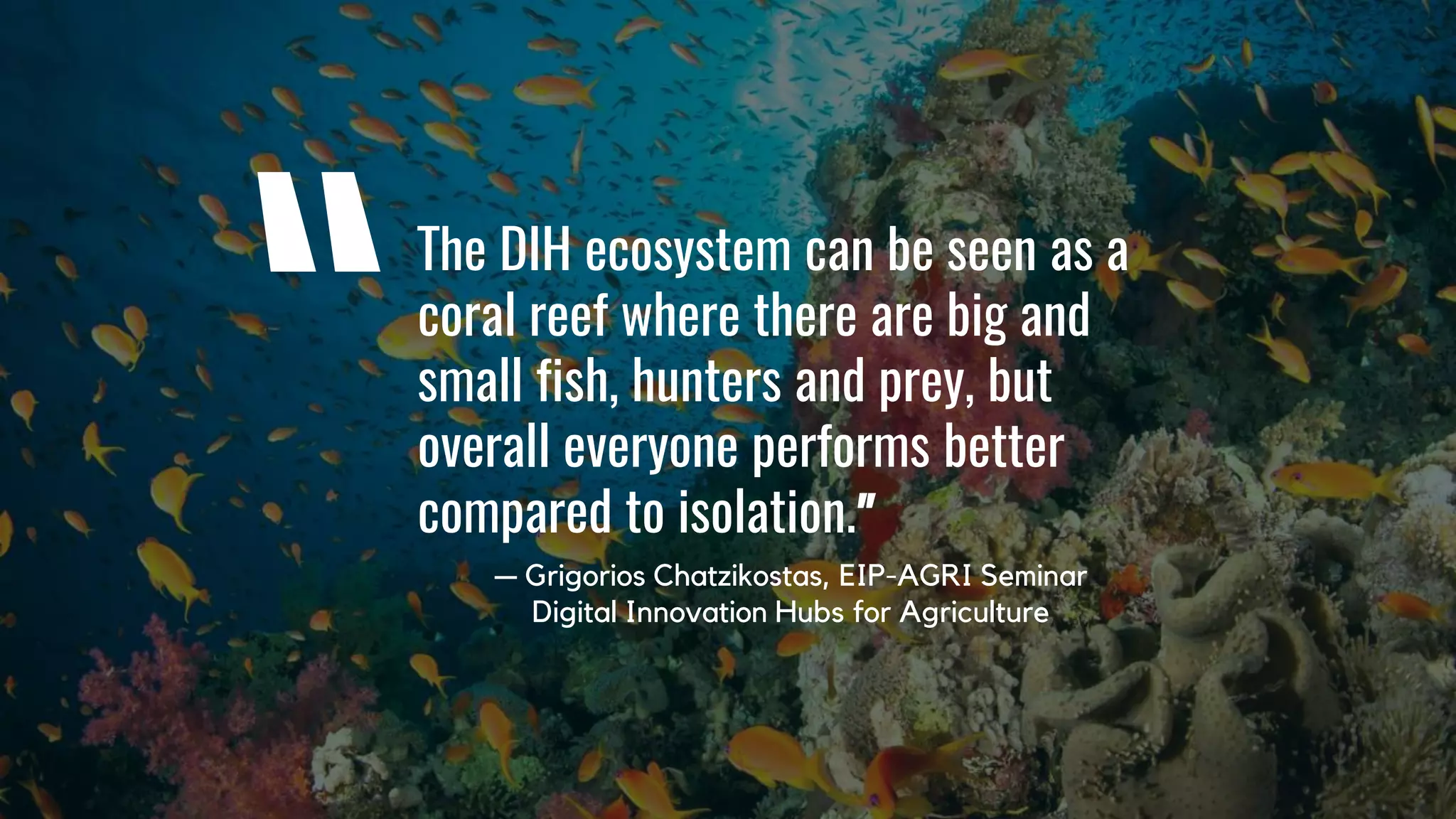 The DIH ecosystem can be seen as a
coral reef where there are big and
small fish, hunters and prey, but
overall everyone performs better
compared to isolation.”
— Grigorios Chatzikostas, EIP-AGRI Seminar
Digital Innovation Hubs for Agriculture
 