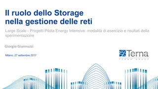 Il ruolo dello Storage
nella gestione delle reti
Milano, 27 settembre 2017
Large Scale - Progetti Pilota Energy Intensive: modalità di esercizio e risultati della
sperimentazione
Giorgio Giannuzzi
 