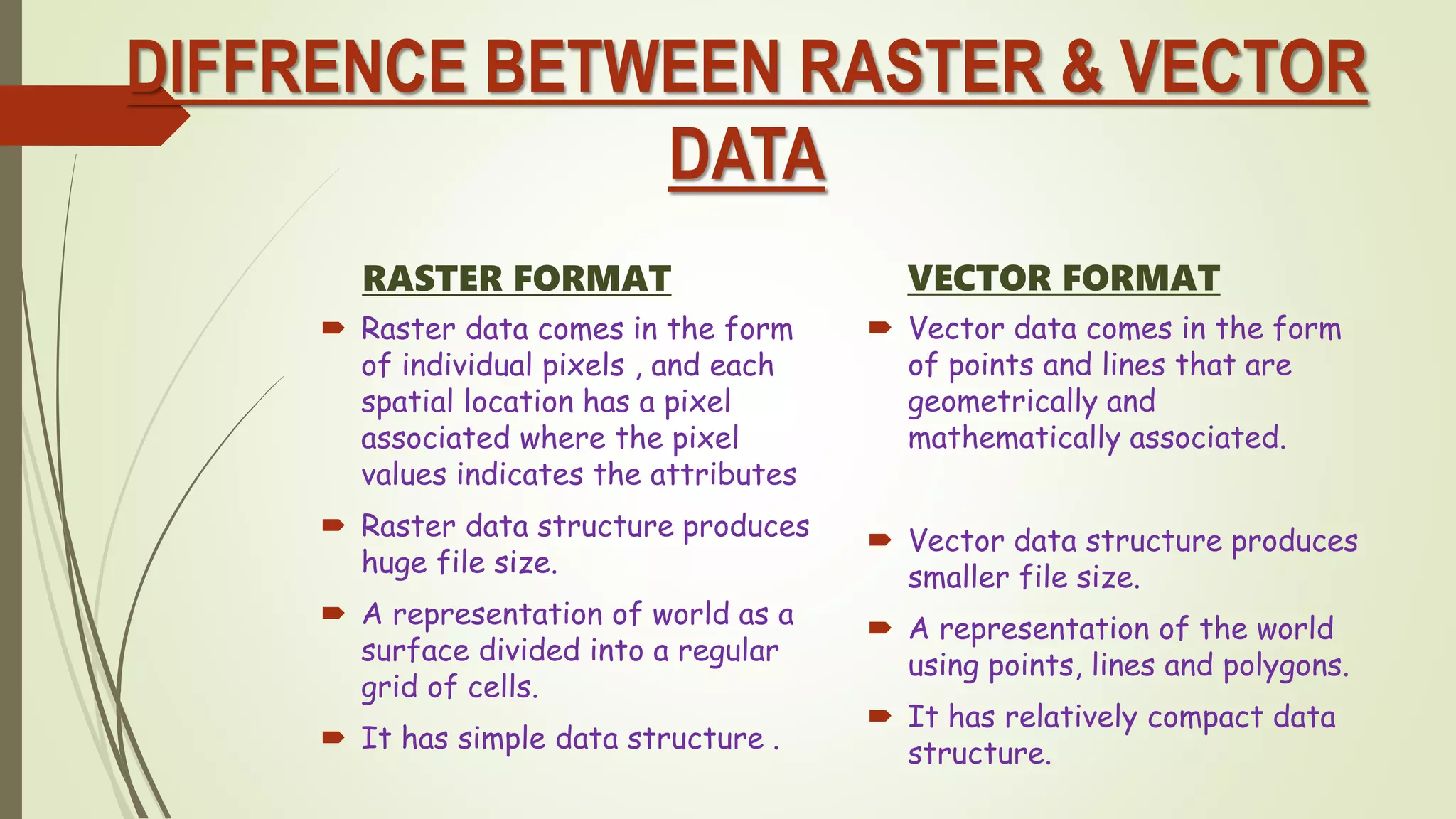 DIFFRENCE BETWEEN RASTER & VECTOR
DATA
RASTER FORMAT
 Raster data comes in the form
of individual pixels , and each
spatial location has a pixel
associated where the pixel
values indicates the attributes
 Raster data structure produces
huge file size.
 A representation of world as a
surface divided into a regular
grid of cells.
 It has simple data structure .
VECTOR FORMAT
 Vector data comes in the form
of points and lines that are
geometrically and
mathematically associated.
 Vector data structure produces
smaller file size.
 A representation of the world
using points, lines and polygons.
 It has relatively compact data
structure.
 