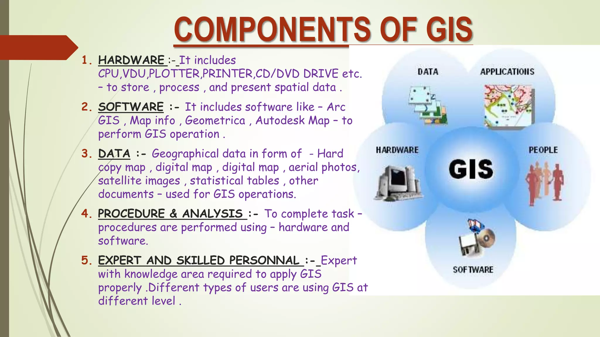 COMPONENTS OF GIS
1. HARDWARE :- It includes
CPU,VDU,PLOTTER,PRINTER,CD/DVD DRIVE etc.
– to store , process , and present spatial data .
2. SOFTWARE :- It includes software like – Arc
GIS , Map info , Geometrica , Autodesk Map – to
perform GIS operation .
3. DATA :- Geographical data in form of - Hard
copy map , digital map , digital map , aerial photos,
satellite images , statistical tables , other
documents – used for GIS operations.
4. PROCEDURE & ANALYSIS :- To complete task –
procedures are performed using – hardware and
software.
5. EXPERT AND SKILLED PERSONNAL :- Expert
with knowledge area required to apply GIS
properly .Different types of users are using GIS at
different level .
 