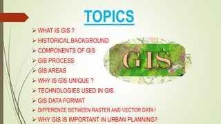 TOPICS
 WHAT IS GIS ?
 HISTORICAL BACKGROUND
 COMPONENTS OF GIS
 GIS PROCESS
 GIS AREAS
 WHY IS GIS UNIQUE ?
 TECHNOLOGIES USED IN GIS
 GIS DATA FORMAT
 DIFFERENCE BETWEEN RASTER AND VECTOR DATA !
 WHY GIS IS IMPORTANT IN URBAN PLANNING?
 