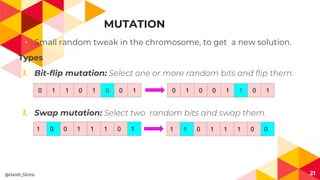 MUTATION
◂ Small random tweak in the chromosome, to get a new solution.
Types
1. Bit-flip mutation: Select one or more random bits and flip them.
1. Swap mutation: Select two random bits and swap them.
21
0 1 1 0 1 0 0 1 0 1 0 0 1 1 0 1
1 0 0 1 1 1 0 1 1 1 0 1 1 1 0 0
@Harsh_Sinha
 