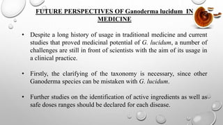 FUTURE PERSPECTIVES OF Ganoderma lucidum IN
MEDICINE
• Despite a long history of usage in traditional medicine and current
studies that proved medicinal potential of G. lucidum, a number of
challenges are still in front of scientists with the aim of its usage in
a clinical practice.
• Firstly, the clarifying of the taxonomy is necessary, since other
Ganoderma species can be mistaken with G. lucidum.
• Further studies on the identification of active ingredients as well as
safe doses ranges should be declared for each disease.
 