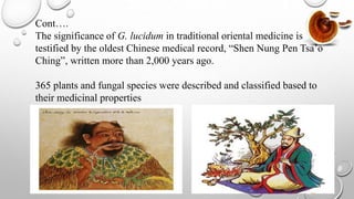 Cont….
The significance of G. lucidum in traditional oriental medicine is
testified by the oldest Chinese medical record, “Shen Nung Pen Tsa’o
Ching”, written more than 2,000 years ago.
365 plants and fungal species were described and classified based to
their medicinal properties
 