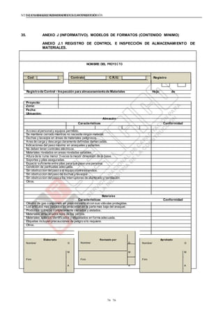 NTE G.050 SEGURIDAD DURANTE LACONSTRUCCIÓNNTE G.050 SEGURIDAD DURANTE LACONSTRUCCIÓN
76 76
Contrato C.R./U. Registro
35. ANEXO J (INFORMATIVO). MODELOS DE FORMATOS (CONTENIDO MINIMO)
ANEXO J.1 REGISTRO DE CONTROL E INSPECCIÓN DE ALMACENAMIENTO DE
MATERIALES.
NOMBRE DEL PROYEC TO
Cod
Registrode Control – Inspección para almacenamientode Materiales Hoja: de
Proyecto:
Zona:
Fecha:
Ubicación:
Almacén
Características Conformidad
Acceso alpersonal y equipos permitido.
Se mantiene cerrado mientras no necesite ningún material.
Duchas y lavaojos en áreas de materiales peligrosos.
Area de carga y descarga claramente definidas demarcadas.
Indicaciones del peso máximo en anaqueles y estantes.
No deben tener controles eléctricos.
Materiales nivelados en areas niveladas estables.
Altura de la ruma menor 3 veces la menor dimensión de la base.
Soportes y pilas aseguradas.
Espacio suficiente entre pilas para que pase una persona.
Condición de parihuelas adecuada.
Sin obstruccion delpaso a el equipo contra incendios.
Sin obstruccion delpaso de duchas y lavaojos
Sin obstruccion delpaso a los interruptores de alumbrado y ventilación.
Otros.
Materiales
Características Conformidad
Cilindro de gas comprimido en posición verticalcon sus válvulas protegidas.
Los artículos mas pesados se almacenan en la parte mas baja del anaquel.
Productos químicos completamente cerrados y aislados.
Materiales almacenados lejos de los cercos.
Materiales apilados identificados y etiquetados en forma adecuada.
Etiquetas incluyen precauciones de peligro silo requiere.
Otros.
Elaborado
Nombre/ D
Revisado por Aprobado
Nombre/ DNombre/ D
M M M
Firm Firm Firm
A A A
 