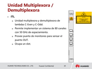HUAWEI TECHNOLOGIES CO., LTD. Huawei Confidential 25
Unidad Multiplexora /
Demultiplexora
 ITL
 Unidad multiplexora y demultiplexora de
lambdas C-Even y C-Odd.
 Permite implementar un sistema de 80 canales
con 50 GHz de espaciamiento.
 Provee puerto de monitoreo para sensar el
puerto OUT.
 Ocupa un slot.
 