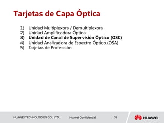 HUAWEI TECHNOLOGIES CO., LTD. Huawei Confidential 39
Tarjetas de Capa Óptica
1) Unidad Multiplexora / Demultiplexora
2) Unidad Amplificadora Óptica
3) Unidad de Canal de Supervisión Óptico (OSC)
4) Unidad Analizadora de Espectro Óptico (OSA)
5) Tarjetas de Protección
 