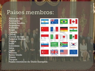 




















África do Sul
Alemanha
Arábia Saudita
Argentina
Austrália
Brasil
Canadá
China
Coreia do Sul
Estados Unidos
França
Índia
Indonésia
Itália
Japão
México
Reino Unido
Rússia
Turquia
Países membros da União Européia

 