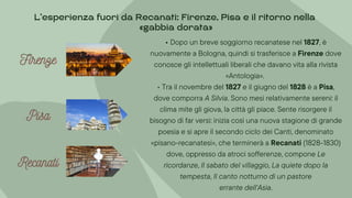 Pisa
Pisa
Pisa
Recanati
Recanati
Recanati
• Dopo un breve soggiorno recanatese nel 1827, è
nuovamente a Bologna, quindi si trasferisce a Firenze dove
conosce gli intellettuali liberali che davano vita alla rivista
«Antologia».
• Tra il novembre del 1827 e il giugno del 1828 è a Pisa,
dove comporra A Silvia. Sono mesi relativamente sereni: il
clima mite gli giova, la città gli piace. Sente risorgere il
bisogno di far versi: inizia così una nuova stagione di grande
poesia e si apre il secondo ciclo dei Canti, denominato
«pisano-recanatesi», che terminerà a Recanati (1828-1830)
dove, oppresso da atroci sofferenze, compone Le
ricordanze, Il sabato del villaggio, La quiete dopo la
tempesta, Il canto notturno di un pastore
errante dell'Asia.
L’esperienza fuori da Recanati: Firenze, Pisa e il ritorno nella
»gabbia dorata«
Firenze
Firenze
Firenze
 