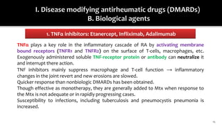 1. TNFα inhibitors: Etanercept, Infliximab, Adalimumab
14
TNFα plays a key role in the inflammatory cascade of RA by activating membrane
bound receptors (TNFR1 and TNFR2) on the surface of T-cells, macrophages, etc.
Exogenously administered soluble TNF-receptor protein or antibody can neutralize it
and interrupt there action.
TNF inhibitors mainly suppress macrophage and T-cell function → inflammatory
changes in the joint revert and new erosions are slowed.
Quicker response than nonbiologic DMARDs has been obtained.
Though effective as monotherapy, they are generally added to Mtx when response to
the Mtx is not adequate or in rapidly progressing cases.
Susceptibility to infections, including tuberculosis and pneumocystis pneumonia is
increased.
 