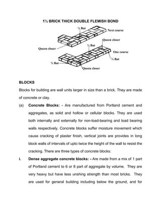 1½ BRICK THICK DOUBLE FLEMISH BOND
BLOCKS
Blocks for building are wall units larger in size than a brick. They are made
of concrete or clay.
(a) Concrete Blocks: - Are manufactured from Portland cement and
aggregates, as solid and hollow or cellular blocks. They are used
both internally and externally for non-load-bearing and load bearing
walls respectively. Concrete blocks suffer moisture movement which
cause cracking of plaster finish, vertical joints are provides in long
block walls of intervals of upto twice the height of the wall to resist the
cracking. There are three types of concrete blocks:
i. Dense aggregate concrete blocks: - Are made from a mix of 1 part
of Portland cement to 6 or 8 part of aggregate by volume. They are
very heavy but have less unshing strength than most bricks. They
are used for general building including below the ground, and for
¼ Bat
Next course
Queen closer
¾ Bat
Queen closer
¼ Bat
Queen closer
¾ Bat
One course
 