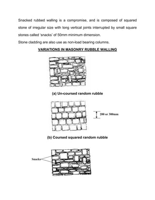 Snacked rubbed walling is a compromise, and is composed of squared
stone of irregular size with long vertical joints interrupted by small square
stones called ‘snacks’ of 50mm minimum dimension.
Stone cladding are also use as non-load bearing columns.
VARIATIONS IN MASONRY RUBBLE WALLING
(a) Un-coursed random rubble
(b) Coursed squared random rubble
200 or 300mm
Snacks
 