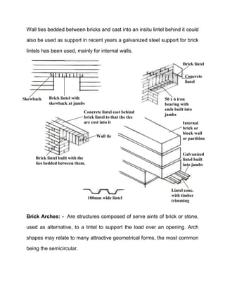 Wall ties bedded between bricks and cast into an insitu lintel behind it could
also be used as support in recent years a galvanized steel support for brick
lintels has been used, mainly for internal walls.
Brick Arches: - Are structures composed of serve aints of brick or stone,
used as alternative, to a lintel to support the load over an opening. Arch
shapes may relate to many attractive geometrical forms, the most common
being the semicircular.
Brick lintel with
skewback at jambs
Skewback 50 x 6 iron
bearing with
ends built into
jambs
Brick lintel
Concrete
lintel
Concrete lintel cost behind
brick lintel to that the ties
are cost into it
Wall tie
Brick lintel built with the
ties bedded between them.
100mm wide lintel
Lintel conc.
with timber
trimming
Galvanized
lintel built
into jambs
Internal
brick or
block wall
or partition
 