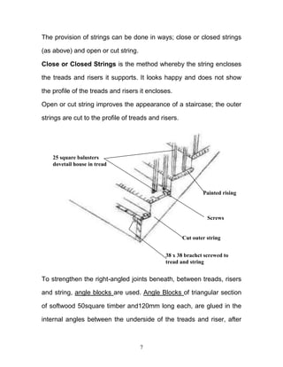 7
The provision of strings can be done in ways; close or closed strings
(as above) and open or cut string.
Close or Closed Strings is the method whereby the string encloses
the treads and risers it supports. It looks happy and does not show
the profile of the treads and risers it encloses.
Open or cut string improves the appearance of a staircase; the outer
strings are cut to the profile of treads and risers.
To strengthen the right-angled joints beneath, between treads, risers
and string, angle blocks are used. Angle Blocks of triangular section
of softwood 50square timber and120mm long each, are glued in the
internal angles between the underside of the treads and riser, after
38 x 38 brachct screwed to
tread and string
Cut outer string
Screws
Painted rising
25 square balusters
dovetail house in tread
 