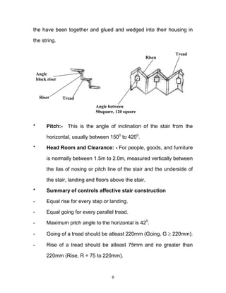 8
the have been together and glued and wedged into their housing in
the string.
* Pitch:- This is the angle of inclination of the stair from the
horizontal, usually between 1500
to 4200
.
* Head Room and Clearance: - For people, goods, and furniture
is normally between 1.5m to 2.0m, measured vertically between
the lias of nosing or pitch line of the stair and the underside of
the stair, landing and floors above the stair.
* Summary of controls affective stair construction
- Equal rise for every step or landing.
- Equal going for every parallel tread.
- Maximum pitch angle to the horizontal is 420
.
- Going of a tread should be atleast 220mm (Going, G  220mm).
- Rise of a tread should be atleast 75mm and no greater than
220mm (Rise, R = 75 to 220mm).
Angle between
50square, 120 square
Risen
Tread
Angle
block riser
Riser Tread
 
