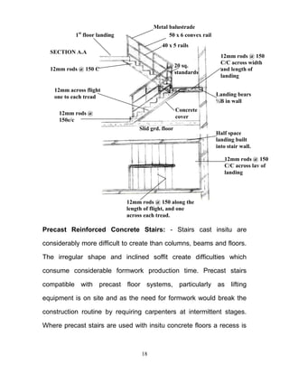 18
Precast Reinforced Concrete Stairs: - Stairs cast insitu are
considerably more difficult to create than columns, beams and floors.
The irregular shape and inclined soffit create difficulties which
consume considerable formwork production time. Precast stairs
compatible with precast floor systems, particularly as lifting
equipment is on site and as the need for formwork would break the
construction routine by requiring carpenters at intermittent stages.
Where precast stairs are used with insitu concrete floors a recess is
12mm rods @
150e/c
12mm across flight
one to each tread
12mm rods @ 150 C
Concrete
cover
20 sq.
standards
Landing bears
½B in wall
12mm rods @ 150
C/C across width
and length of
landing
Slid grd. floor
Metal balustrade
50 x 6 convex rail
40 x 5 rails
SECTION A.A
1st
floor landing
Half space
landing built
into stair wall.
12mm rods @ 150
C/C across lav of
landing
12mm rods @ 150 along the
length of flight, and one
across each tread.
 