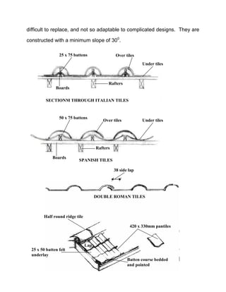 difficult to replace, and not so adaptable to complicated designs. They are
constructed with a minimum slope of 300
.
Rafters
SPANISH TILES
Over tiles
50 x 75 battens
Under tiles
Boards
SECTIONM THROUGH ITALIAN TILES
Boards
Rafters
Under tiles
Over tiles
25 x 75 battens
38 side lap
DOUBLE ROMAN TILES
420 x 330mm pantiles
Batten course bedded
and pointed
25 x 50 batten felt
underlay
Half round ridge tile
Lap
 