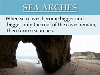 When sea caves become bigger and
bigger only the roof of the caves remain,
then form sea arches.
 