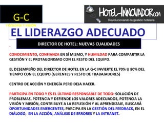 G-C
FISOLOFÍA Y VISIÓN


   EL LIDERAZGO ADECUADO
                DIRECTOR DE HOTEL: NUEVAS CUALIDADES

  -CONOCIMIENTO, C...
