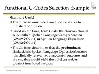 Functional G-Codes Selection Example
(Example Cont.)
The clinician must select one functional area to
initiate reporting on
Based on the Long-Term Goals, the clinician should
select either Spoken Language Comprehension
(G9159G9161) or Spoken Language Expression
(G9162G9164)
The clinician determines that the predominant
limitation is Spoken Language Expression because
it is clinically relevant to a successful outcome and
the one that would yield the quickest and/or
greatest functional progress
Copyright © 2013 All Rights Reserved

Harmony Healthcare International, Inc.

32

 