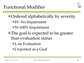Functional Modifier
Ordered alphabetically by severity
H= No Impairment
N=100% Impairment

The goal is expected to be greater
than evaluation status
L on Evaluation
J reported as a Goal
Copyright © 2013 All Rights Reserved

Harmony Healthcare International, Inc.

36

 