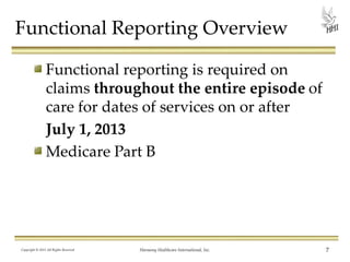Functional Reporting Overview
Functional reporting is required on
claims throughout the entire episode of
care for dates of services on or after
July 1, 2013
Medicare Part B

Copyright © 2013 All Rights Reserved

Harmony Healthcare International, Inc.

7

 
