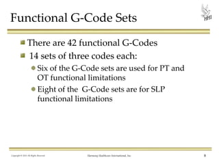 Functional G-Code Sets
There are 42 functional G-Codes
14 sets of three codes each:
Six of the G-Code sets are used for PT and
OT functional limitations
Eight of the G-Code sets are for SLP
functional limitations

Copyright © 2013 All Rights Reserved

Harmony Healthcare International, Inc.

8

 