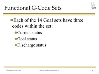 Functional G-Code Sets
Each of the 14 Goal sets have three
codes within the set:
Current status
Goal status
Discharge status

Copyright © 2013 All Rights Reserved

Harmony Healthcare International, Inc.

9

 